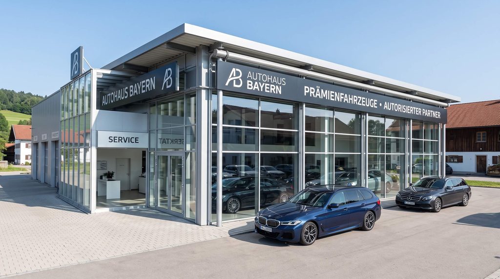 Moderný presklený showroom autorizovaného predajcu v Stuttgarte s vystaveným BMW 5 Touring.